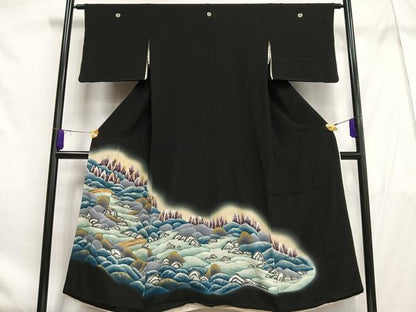 平和屋着物■豪華黒留袖 駒刺繍 渡橋文 暈し染め 金彩 正絹 逸品 AABF6248oa