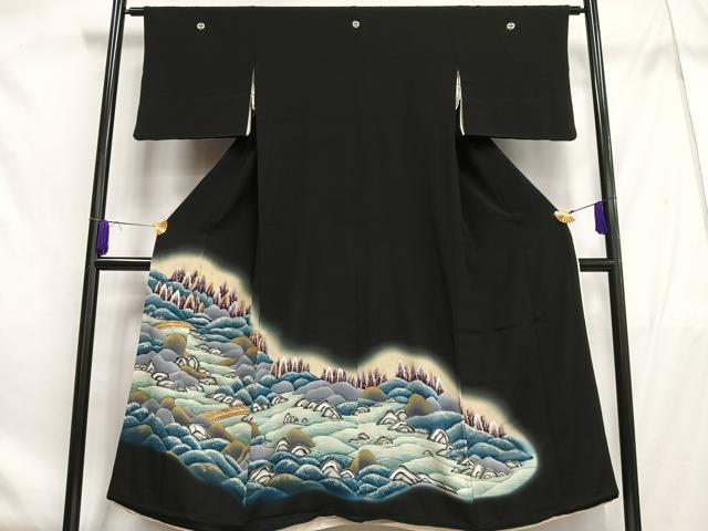 平和屋着物■豪華黒留袖 駒刺繍 渡橋文 暈し染め 金彩 正絹 逸品 AABF6248oa