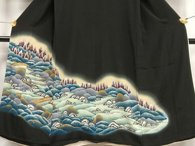 平和屋着物■豪華黒留袖 駒刺繍 渡橋文 暈し染め 金彩 正絹 逸品 AABF6248oa