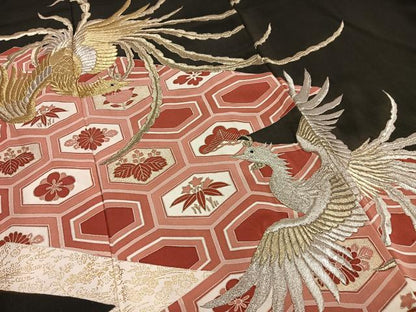 平和屋着物■豪華黒留袖　刺繍　鳳凰花亀甲文　金銀糸　金彩　正絹　逸品　AABF6383oa