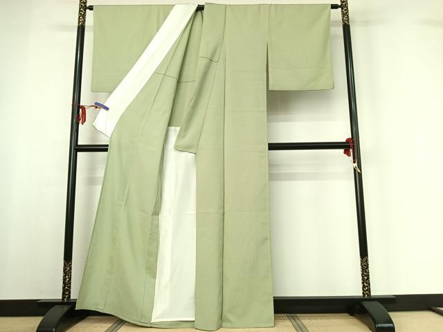 平和屋着物▽上質な色無地 単衣 お召地 山葵色 正絹 逸品 AABF6401jh