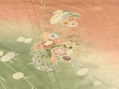 平和屋着物▽訪問着 単衣 中国三大刺繍 相良刺繍 吉祥花車文 暈し染め 金銀糸 金彩 正絹 逸品 未使用 AABF6402jh