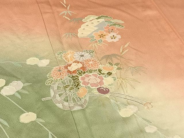 平和屋着物▽訪問着 単衣 中国三大刺繍 相良刺繍 吉祥花車文 暈し染め 金銀糸 金彩 正絹 逸品 未使用 AABF6402jh