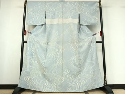平和屋着物▽上質な小紋　無双　紗袷　紗×絽　作家物　流水文　銀彩　正絹　逸品　AABF6407jh