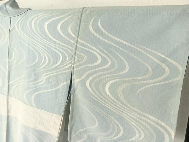 平和屋着物▽上質な小紋　無双　紗袷　紗×絽　作家物　流水文　銀彩　正絹　逸品　AABF6407jh