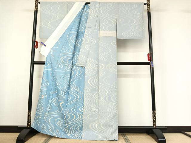 平和屋着物▽上質な小紋　無双　紗袷　紗×絽　作家物　流水文　銀彩　正絹　逸品　AABF6407jh