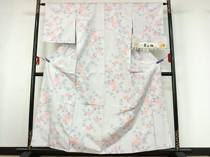 平和屋着物▽天山紬　単衣　草花文　反端付き　正絹　逸品　AABF6408jh