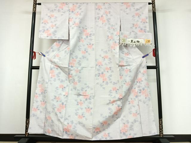 平和屋着物▽天山紬　単衣　草花文　反端付き　正絹　逸品　AABF6408jh