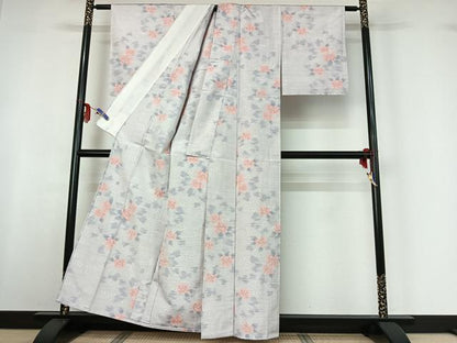 平和屋着物▽天山紬　単衣　草花文　反端付き　正絹　逸品　AABF6408jh