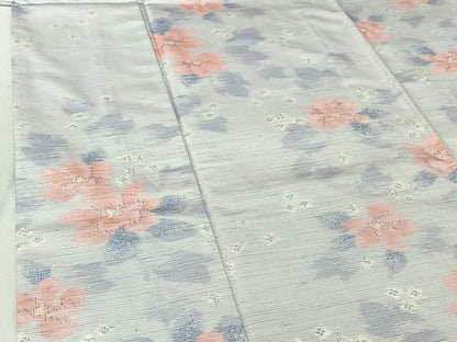平和屋着物▽天山紬　単衣　草花文　反端付き　正絹　逸品　AABF6408jh