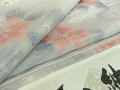 平和屋着物▽天山紬　単衣　草花文　反端付き　正絹　逸品　AABF6408jh