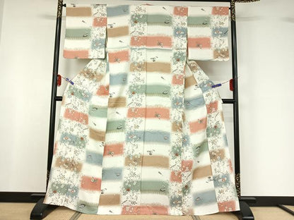 平和屋着物▽上質な小紋　単衣　横段吉祥花文　暈し染め　金彩　正絹　逸品　AABF6416jh