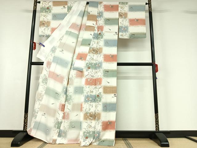 平和屋着物▽上質な小紋　単衣　横段吉祥花文　暈し染め　金彩　正絹　逸品　AABF6416jh