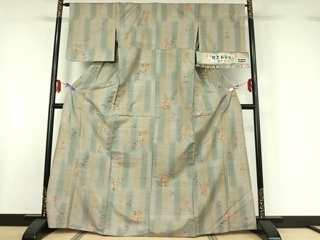 平和屋着物▽京都の和装業の老舗一門　千切屋　紬　単衣　草花文　反端付き　正絹　逸品　AABF6417jh