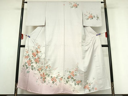 平和屋着物▽訪問着 単衣 刺繍 草花文 暈し染め 正絹 逸品 AABF6421jh