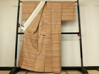 平和屋着物▽上質な紬　単衣　横段文　正絹　逸品　AABF6423jh