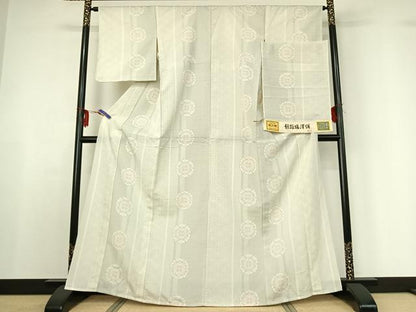 平和屋着物▽越路塩澤絣 単衣 110亀甲 雪輪花文 反端付き 正絹 逸品 AABF6430jh