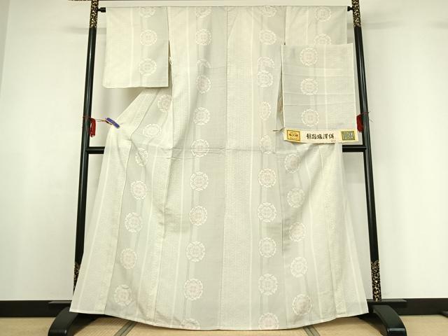 平和屋着物▽越路塩澤絣 単衣 110亀甲 雪輪花文 反端付き 正絹 逸品 AABF6430jh
