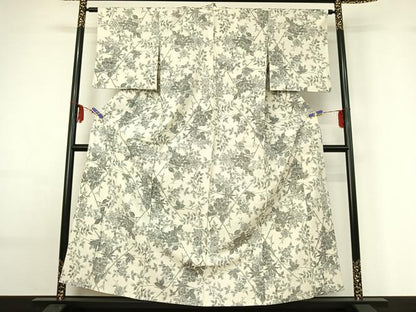平和屋着物▽上質な紬 単衣 枝花文 正絹 逸品 AABF6431jh