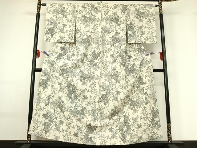 平和屋着物▽上質な紬 単衣 枝花文 正絹 逸品 AABF6431jh