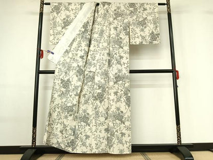 平和屋着物▽上質な紬 単衣 枝花文 正絹 逸品 AABF6431jh