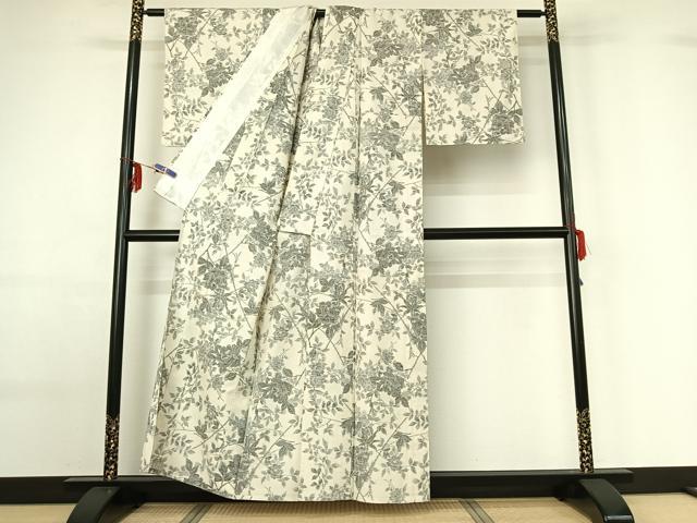 平和屋着物▽上質な紬 単衣 枝花文 正絹 逸品 AABF6431jh