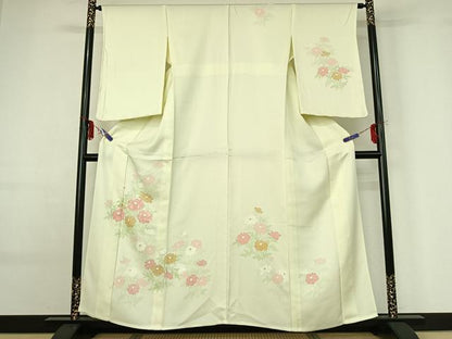 平和屋着物▽訪問着 単衣 刺繍 草花文 正絹 逸品 AABF6434jh