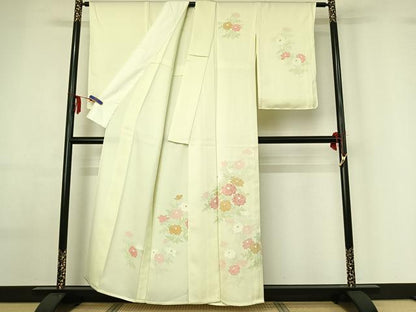 平和屋着物▽訪問着 単衣 刺繍 草花文 正絹 逸品 AABF6434jh