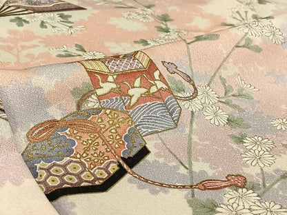 平和屋着物▽上質な小紋 単衣 花文箱文 金彩 正絹 逸品 AABF6438jh
