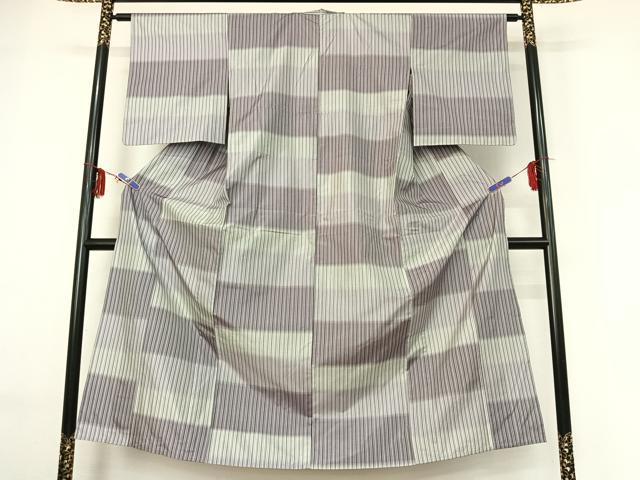 平和屋着物▽上質な紬　単衣　横段文　正絹　逸品　AABF6440jh