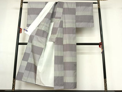 平和屋着物▽上質な紬　単衣　横段文　正絹　逸品　AABF6440jh
