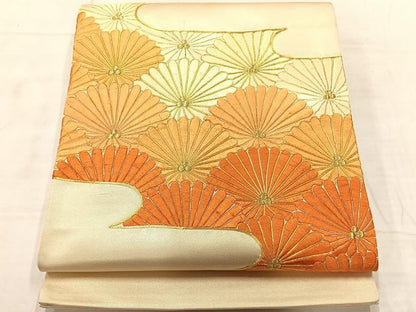 平和屋着物◎太鼓柄袋帯　総刺繍　駒刺繍　エ霞菊文　金糸　正絹　逸品　AABF6453uk