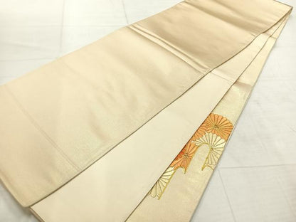 平和屋着物◎太鼓柄袋帯　総刺繍　駒刺繍　エ霞菊文　金糸　正絹　逸品　AABF6453uk