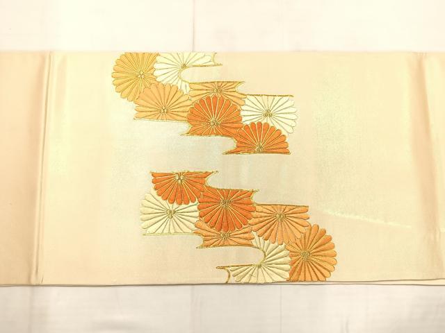 平和屋着物◎太鼓柄袋帯　総刺繍　駒刺繍　エ霞菊文　金糸　正絹　逸品　AABF6453uk