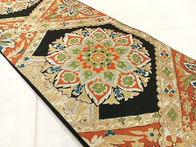 平和屋着物◎六通柄　本袋帯　更紗花文　黒地　金銀糸　正絹　逸品　AABF6457uk