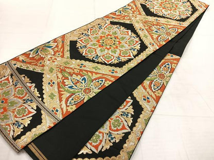 平和屋着物◎六通柄　本袋帯　更紗花文　黒地　金銀糸　正絹　逸品　AABF6457uk