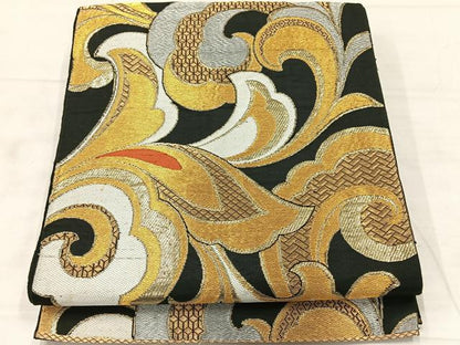 平和屋着物◎六通柄　本袋帯　更紗花文　黒地　金銀糸　正絹　逸品　AABF6465uk