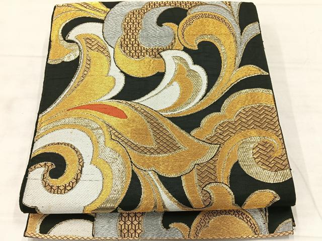 平和屋着物◎六通柄　本袋帯　更紗花文　黒地　金銀糸　正絹　逸品　AABF6465uk