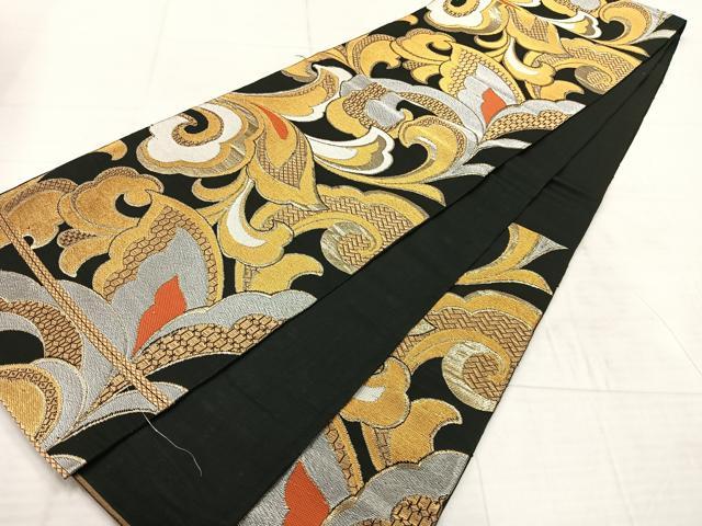 平和屋着物◎六通柄　本袋帯　更紗花文　黒地　金銀糸　正絹　逸品　AABF6465uk