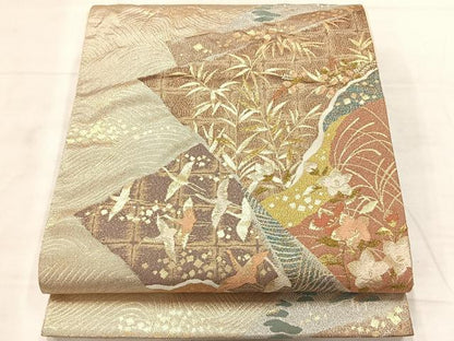 平和屋着物◎六通柄袋帯 飛鶴花文 金銀糸 正絹 逸品 AABF6467uk