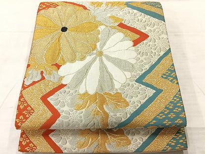 平和屋着物◎九寸開き名古屋帯　草花文　金銀糸　正絹　逸品　AABF6482uk