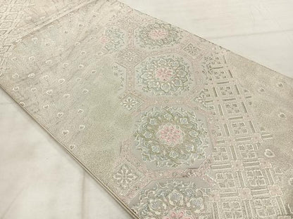平和屋着物◎六通柄袋帯　蜀江花文　銀糸　正絹　逸品　AABF6497uk