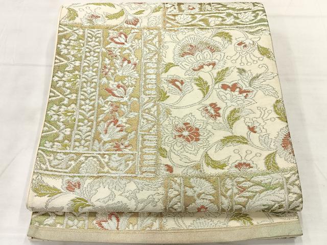 平和屋着物◎六通柄袋帯 更紗花文 銀糸 正絹 逸品 AABF6501uk
