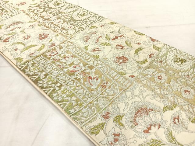 平和屋着物◎六通柄袋帯 更紗花文 銀糸 正絹 逸品 AABF6501uk