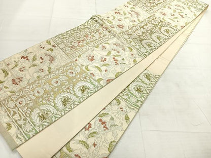 平和屋着物◎六通柄袋帯 更紗花文 銀糸 正絹 逸品 AABF6501uk