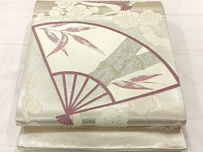 平和屋着物◎六通柄袋帯　唐織　扇面笹竹文　金銀糸　正絹　逸品　AABF6517uk
