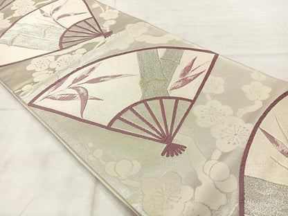 平和屋着物◎六通柄袋帯　唐織　扇面笹竹文　金銀糸　正絹　逸品　AABF6517uk