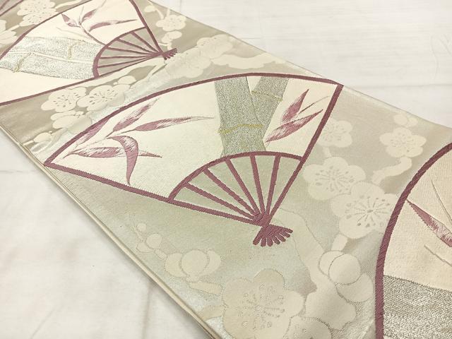 平和屋着物◎六通柄袋帯　唐織　扇面笹竹文　金銀糸　正絹　逸品　AABF6517uk