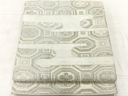 平和屋着物◎六通柄袋帯　横段花文　銀糸　正絹　逸品　AABF6520uk