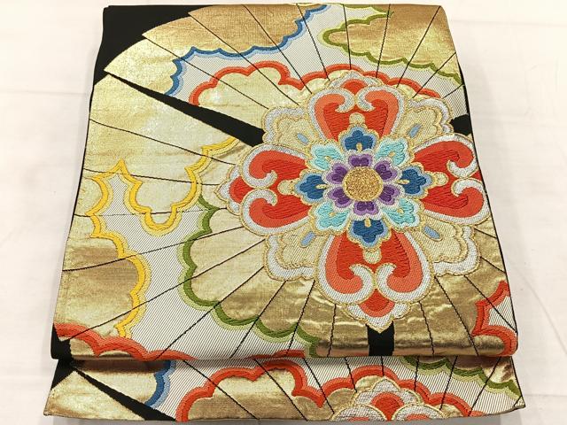 平和屋着物◎六通柄袋帯　唐織　正倉院花文　黒地　金銀糸　正絹　逸品　AABF6521uk